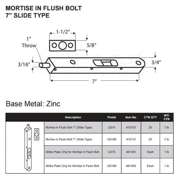 Delaney Hardware MORTISE IN FLUSH BOLT US15 7 in. SLIDE 410107 - main